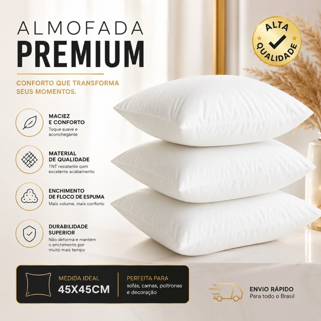 Kit Até 4 Enchimento de Almofada Macio Basico Barato 45x45cm - Envio Rápido