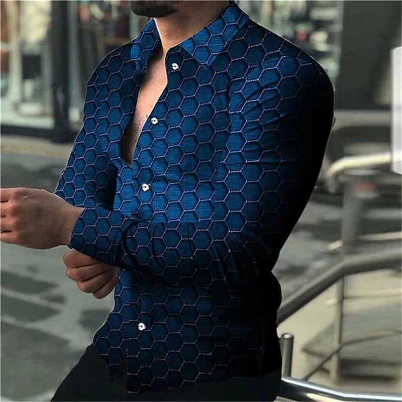 Camisa masculina da moda para primavera e verão, casual, com gola, solta, simples, de manga longa, com botões e estampa