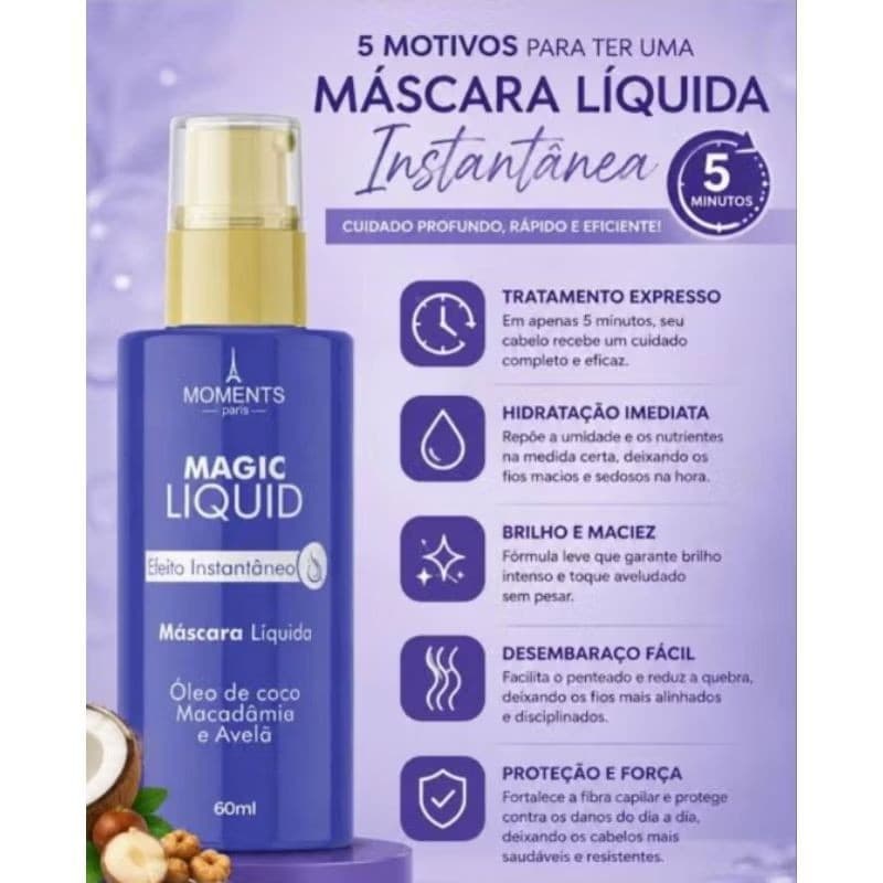 Mascara Líquida para cabelos - Efeito Instantâneo moments paris - hidratação de salão em casa, Magic liquid - antifrizz