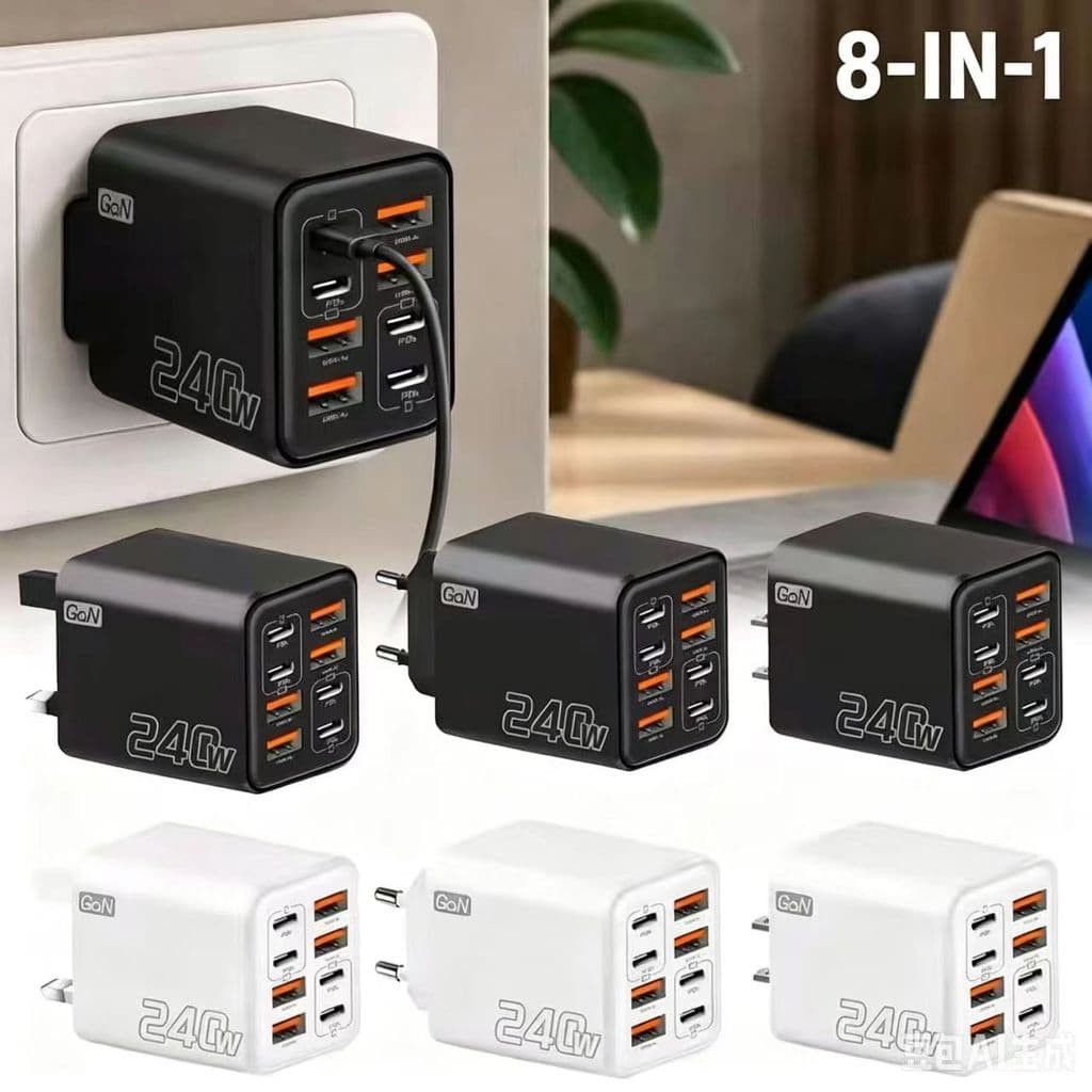 Carregador 240W GaN USB C 8 Em 1 Adaptador De Alimentação Para De Telefone De Carregamento Rápido