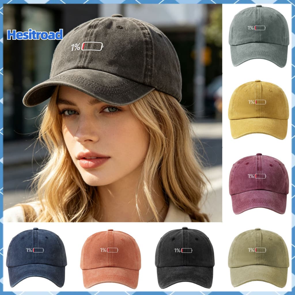 Low Battery Pattern Baseball Cap Adjustable Back Buckle Retro Distressed Washed Cotton Hat Outdoor Sunshade for Men and