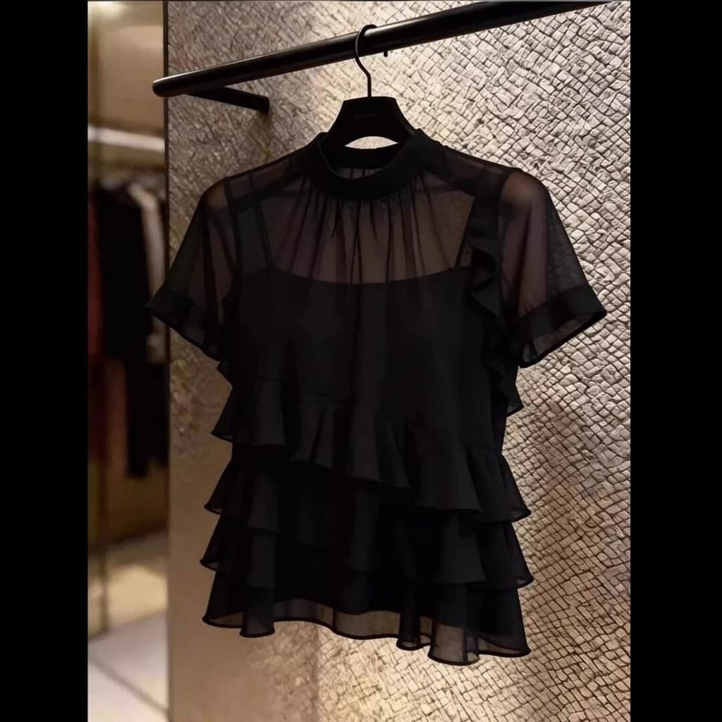 Verão luz estilo maduro preto babados camisa de manga curta com estilingue terno de duas peças mais magro olhar topo