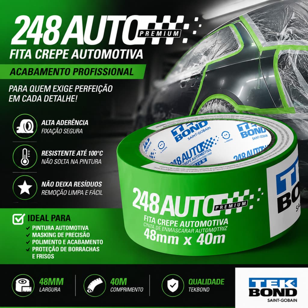 Fita Masking Automotiva Tekbond 248 Premium 48mm x 40m Alta Precisão