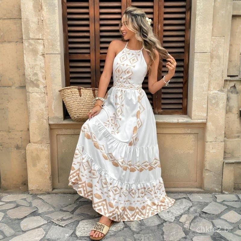 Vestido Feminino Longo de Férias Bordado Estampado Estilingue Cintura Estreita
