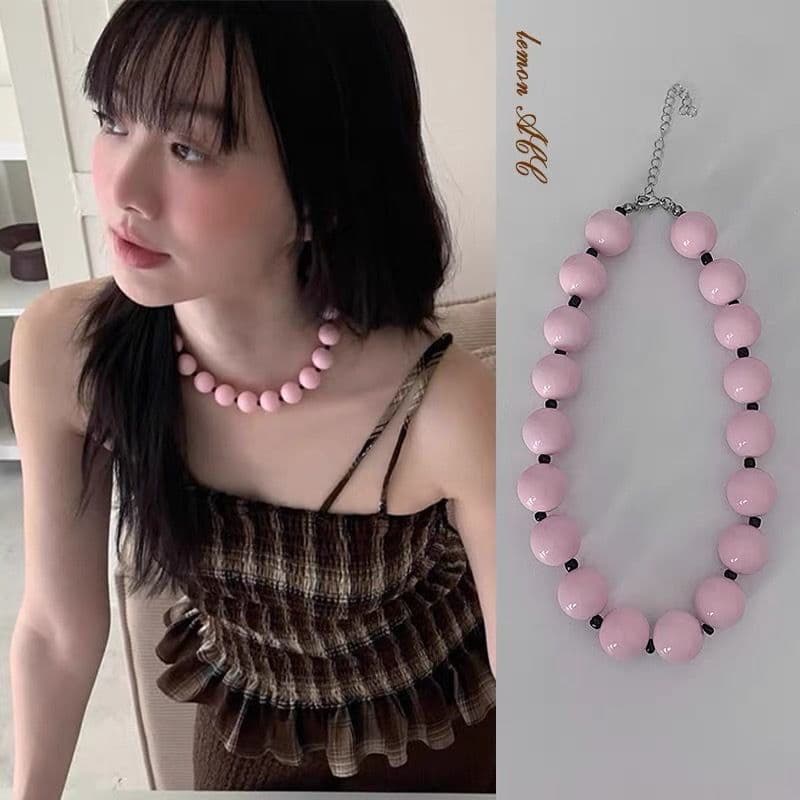 Colar coreano Dongdaemun Dopamina feito à mão com contas rosa colar y2k