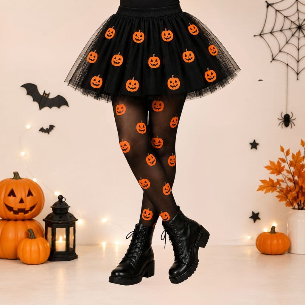 Fantasia Halloween Saia Tule Meia Fio 20 Com Aplique Cetim Abóbora
