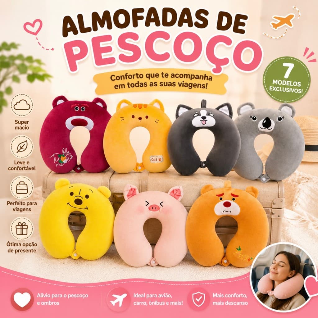 Almofada de Pescoço Animal Fofo 30×30cm – Seu Companheiro de Descanso