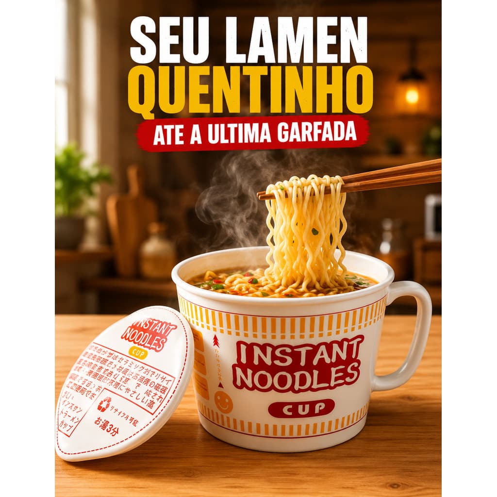 Tigela Cerâmica Lámen 1150ml Com Tampa e Alça Miojo Sopa Caldo Microondas e Lava Louças