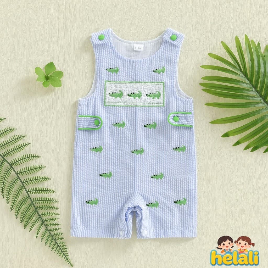 [helali] Macacão Infantil Bordado De Crocodilo Para Meninos Com Alças De Botão Sem Mangas Listrado