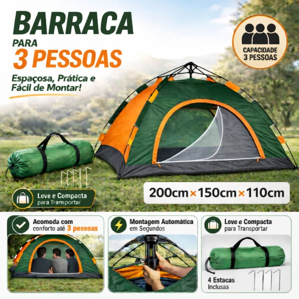 Barraca Camping Automática 2-3 Pessoas Grande Impermeável UV