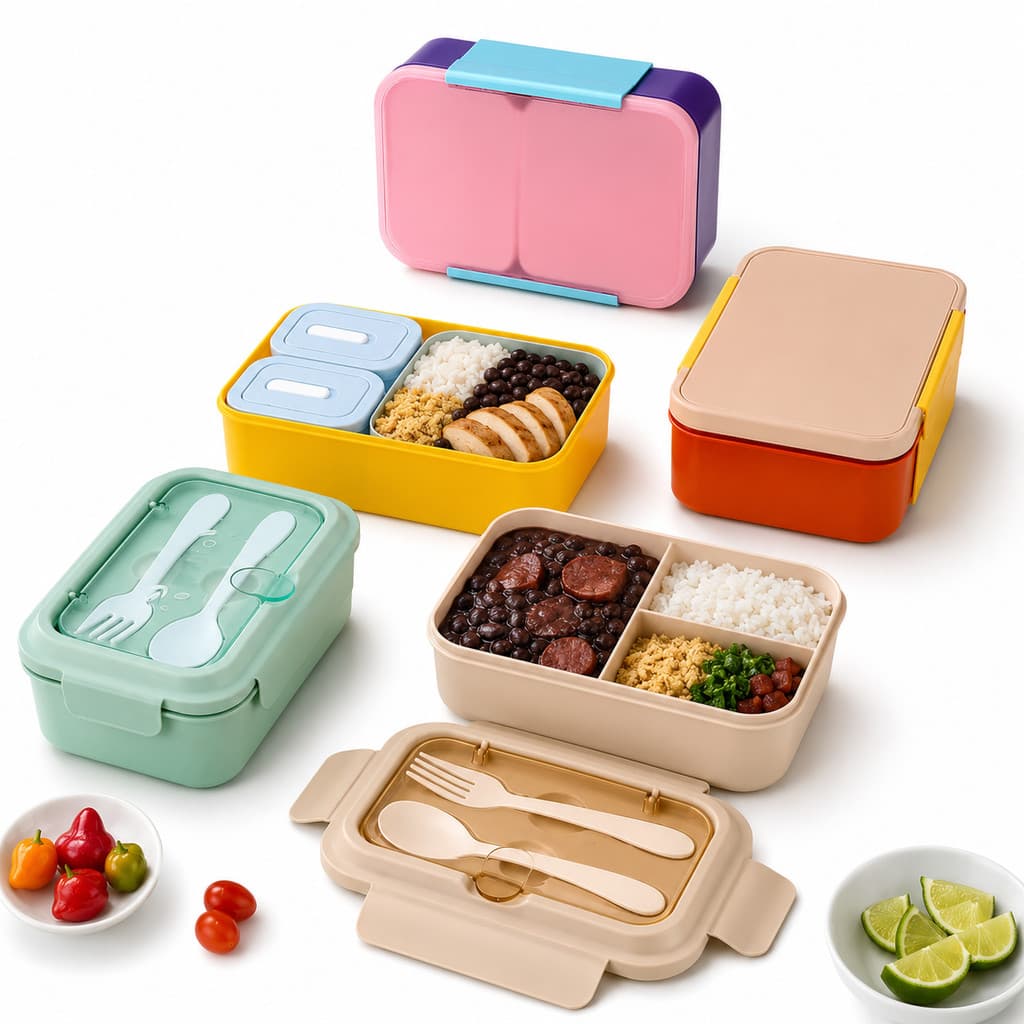 Lancheira Hermética 800ml com Travas 3 Divisórias com Colher e Garfo Plástico Grau Alimentício Freezer e Micro-ondas