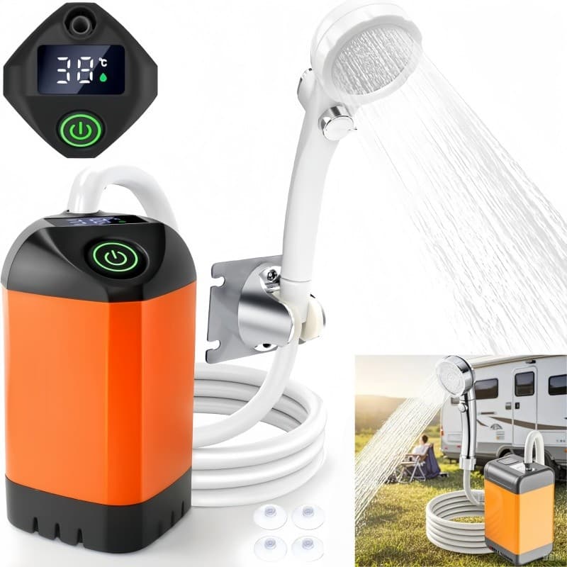 Chuveiro elétrico portátil, visor LCD de temperatura, recarregável, adequado para acampamento ao ar livre