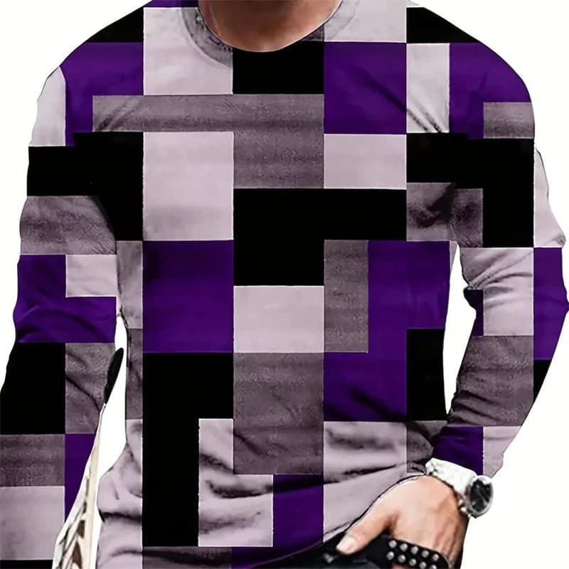 2026 Vintage Costura Padrão Quadrado Camisetas Primavera Outono Moda Casual O Pescoço 3D Impresso Manga Longa Casuais So