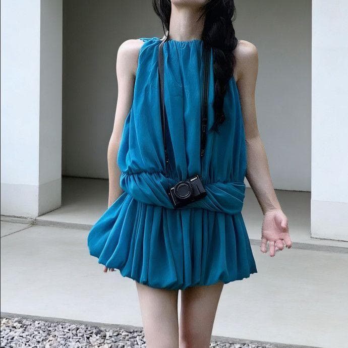 [Promoção por tempo limitado] Doce pavão azul Irregular colete saia feminina 2026 verão novo estilo Design vestido pliss