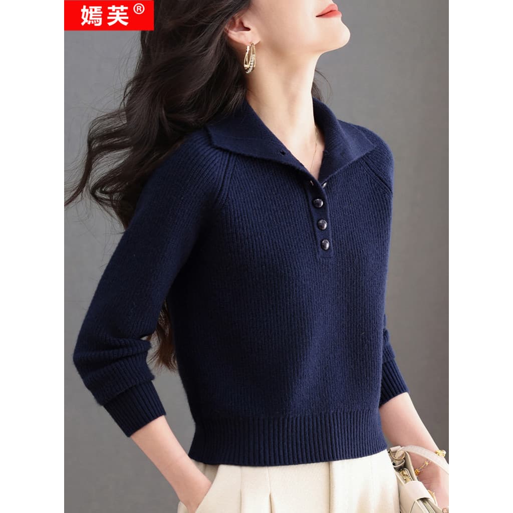 Pequena camisola curta exterior Wear 2025 outono inverno novo estilo malhas feminino botão lapela camisola moda topo
