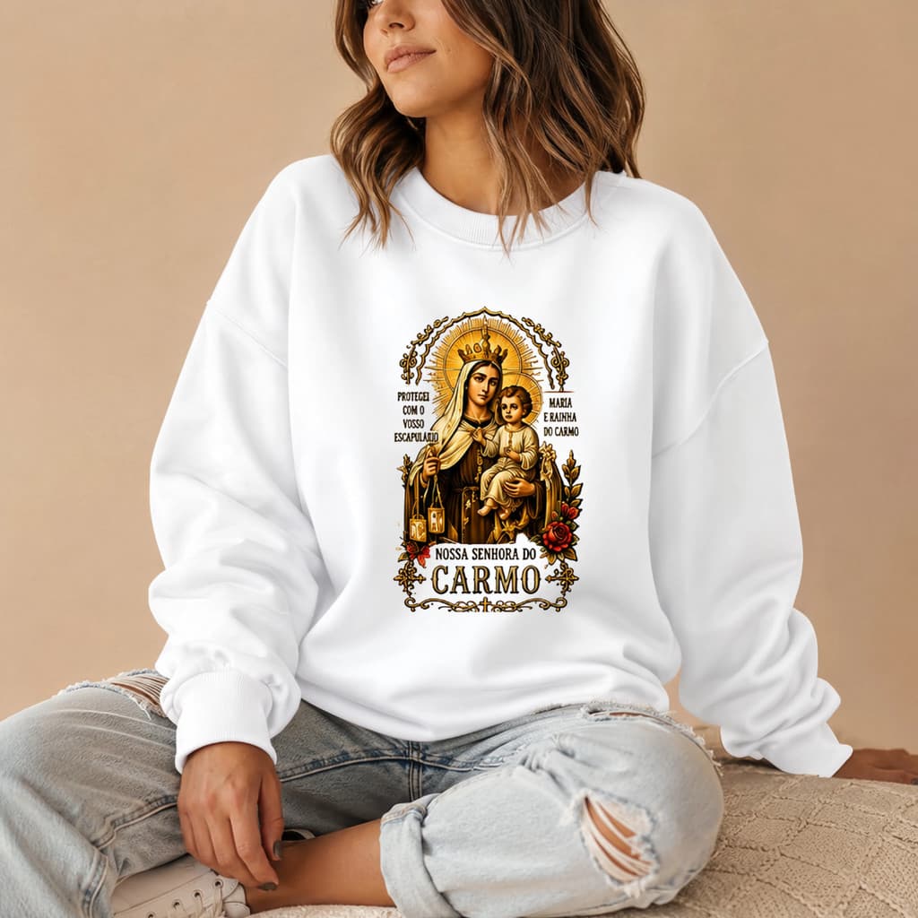 Moletom Feminino Gola Careca Nossa Senhora do Carmo Sagrada Moda Católica