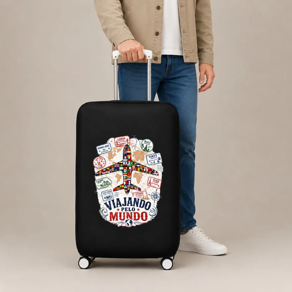 Capa De Mala Estampada Viajando Pelo Mundo Tecido Elástico Preto Proteção Contra Riscos Poeira Sujeira P M G