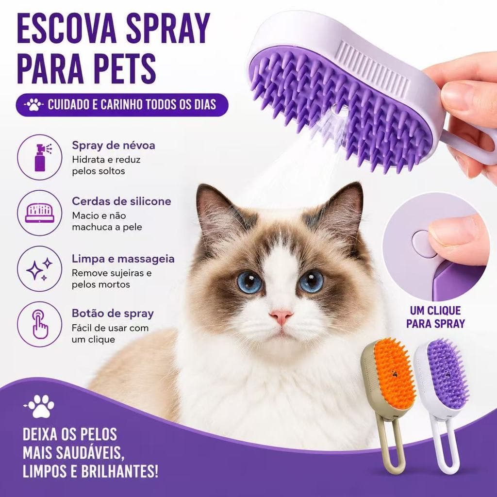 Escova Vapor 3 em 1 Elétrica p/ Cães e Gatos - Remove Pelo, Massagem, Pente p/ Pelos