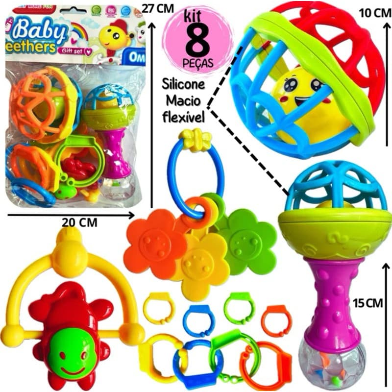 Kit de Brinquedos para Bebê: Chocalho de Silicone Macio, Mordedor, Bola Colorida, 8 Peças, Presente para Meninas e Menin
