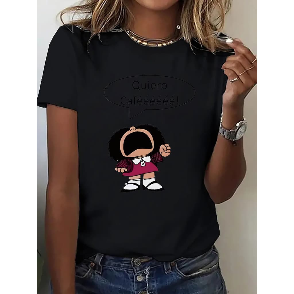Camiseta feminina de manga curta com estampa "Quero café" em espanhol, design moderno e casual,  confortável e respiráve