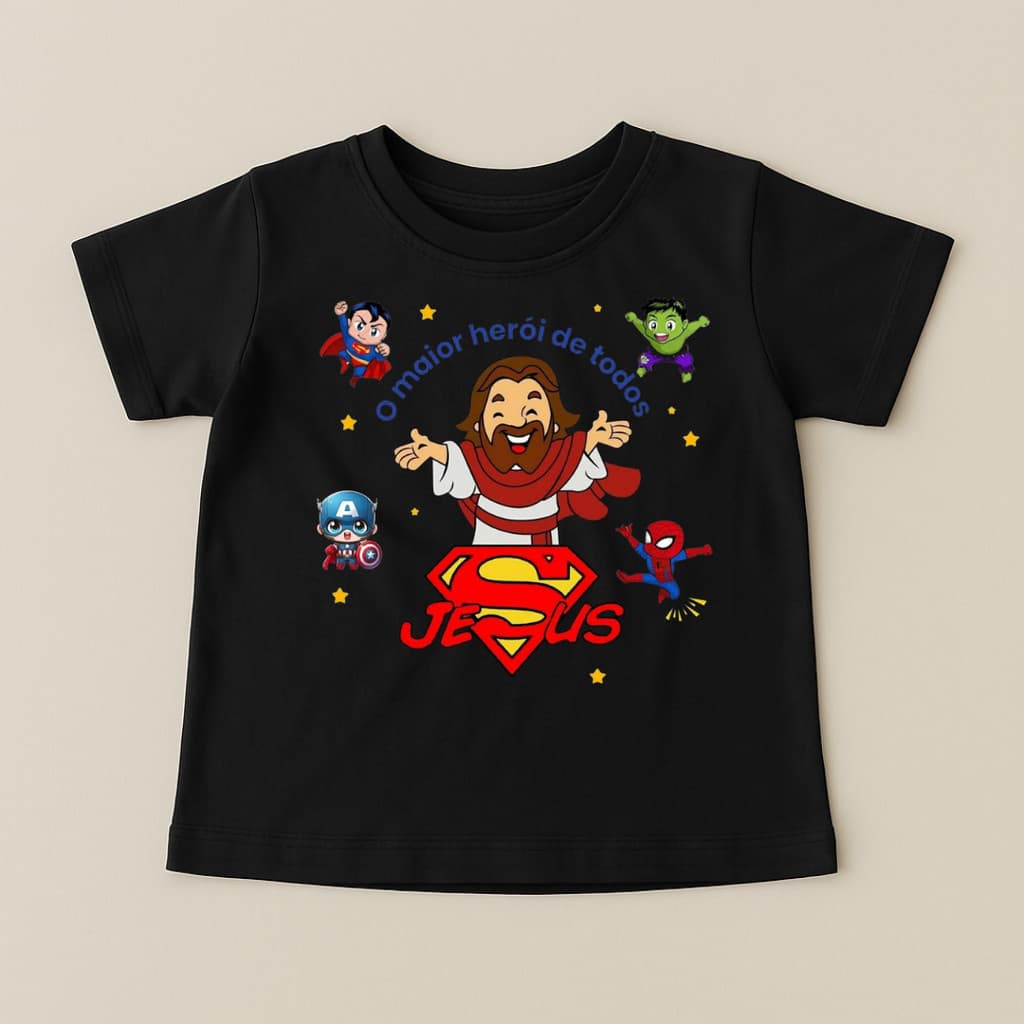 Camiseta camisa blusa Infantil Cristã Jesus Super-Herói Fé e Diversão algodão100%