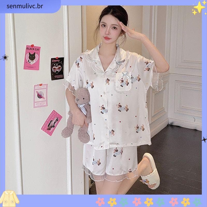Pijamas de seda gelo feminino verão Cardigan Shorts de manga curta estilo fino respirável solto tamanho grande High-End