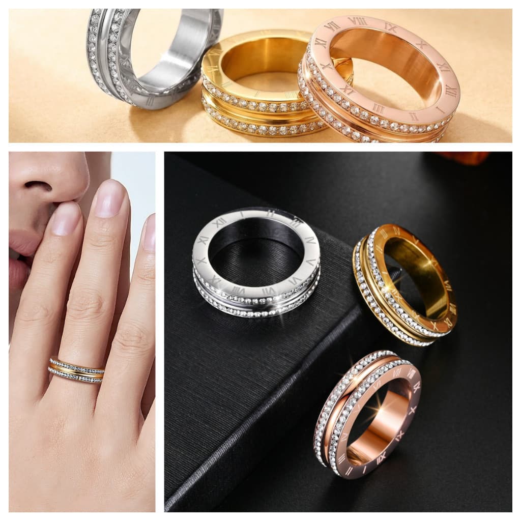 Anel de Moda Feminino Fedsolife com Diamantes Duplos e Moeda Antiga com Números Romanos 8IOY GQAG