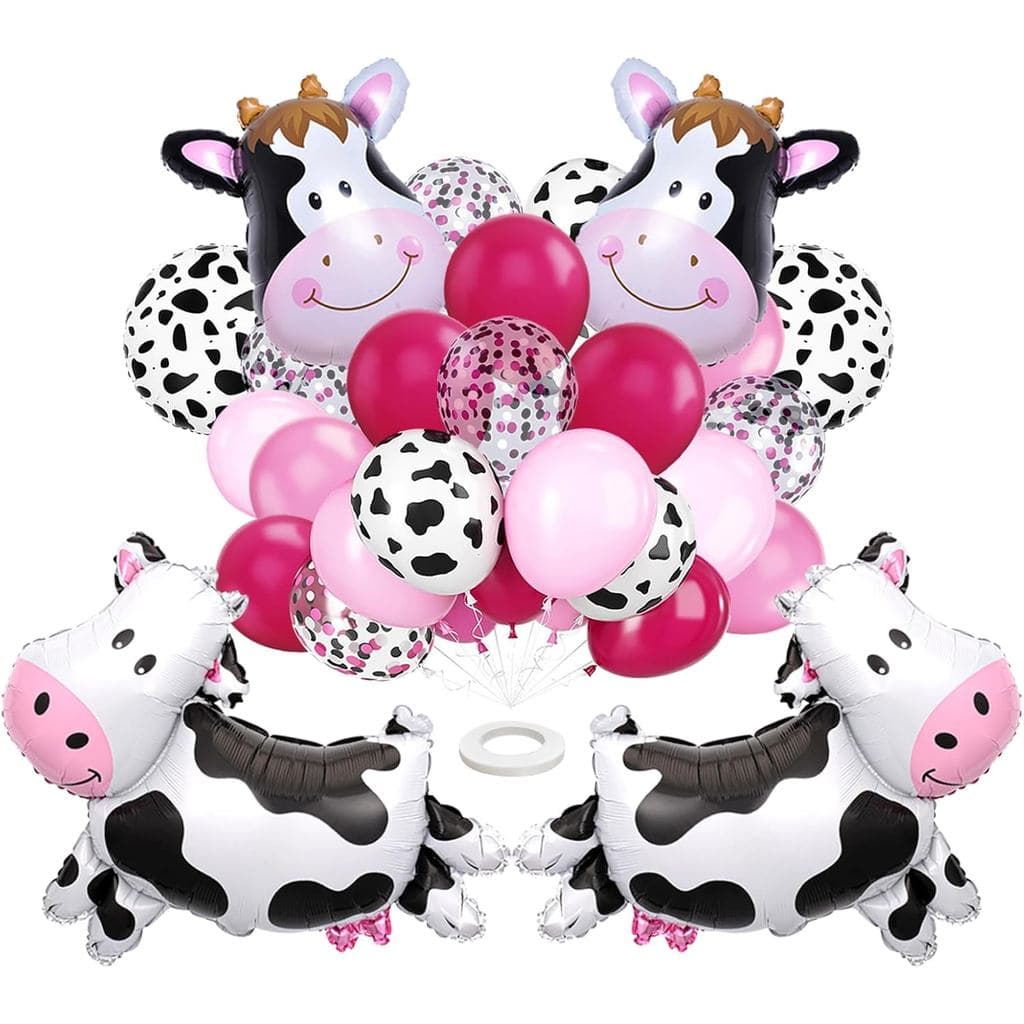 42Pcs Pink Cow Print Balloons Farm Birthday Baby Shower Kit | Latex & foil balloons, hot pink pastel confetti, ideal far