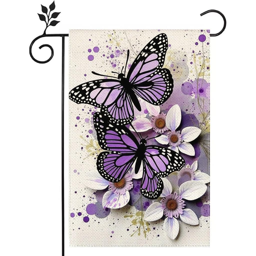 Bandeira de Jardim Borboleta Roxa 12x18 polegadas Dupla Face em Juta para Decoração de Casa, Quintal, Primavera e Verão