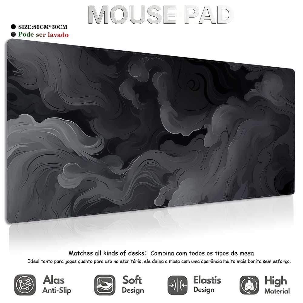 Mouse Pad Gamer XL 80×30cm Tapete de Mesa Fumaça Preto e Branco, Borda Costurada, Antiderrapante para Teclado