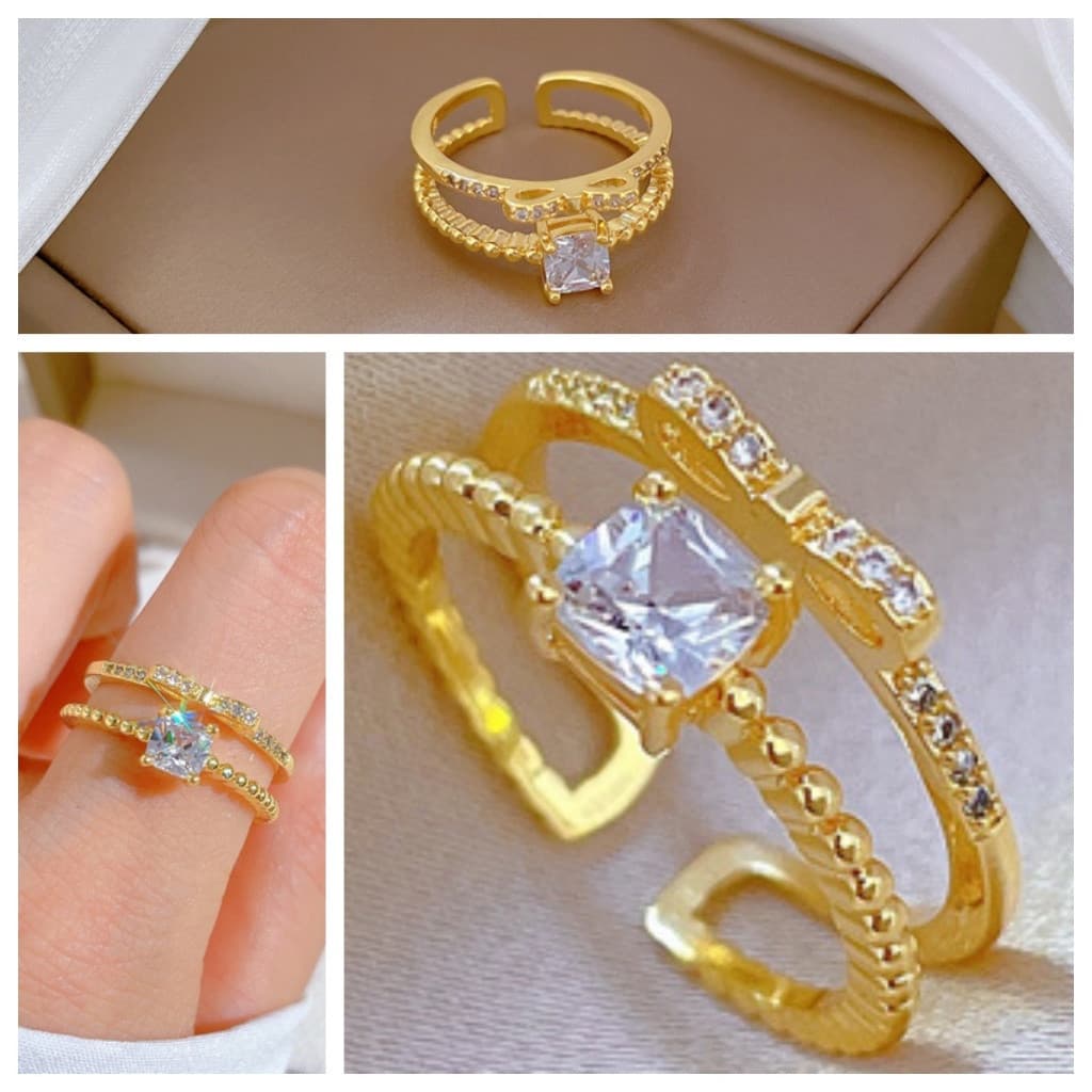 Anel Fedsolife ajustável banhado a ouro titânio aço diamante arco cheio de diamante simples casal japonês