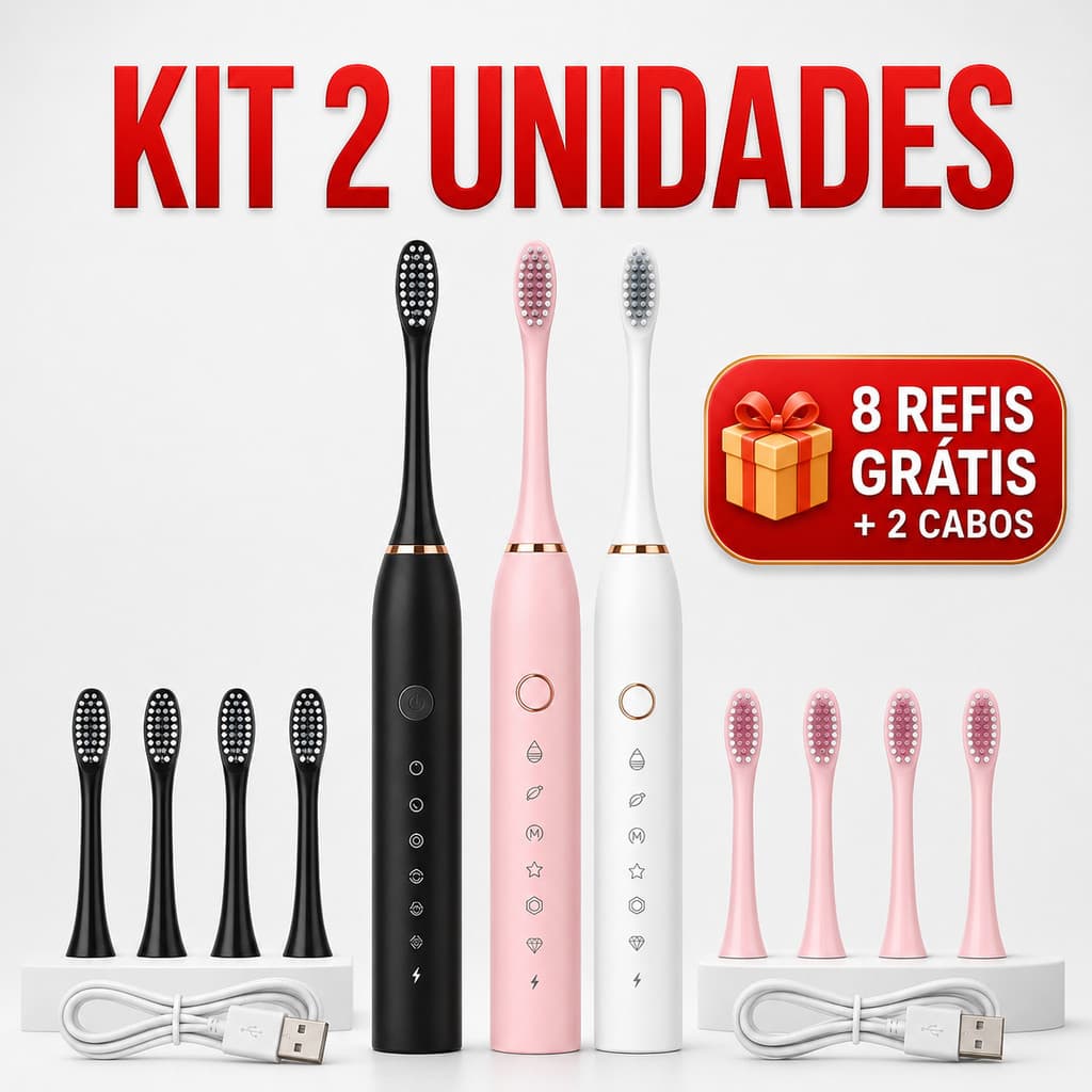 Kit 2 Escova de Dentes Elétrica Sonic - Recarregável + 4 Refis Grátis - IPX7 | Mais Vendido