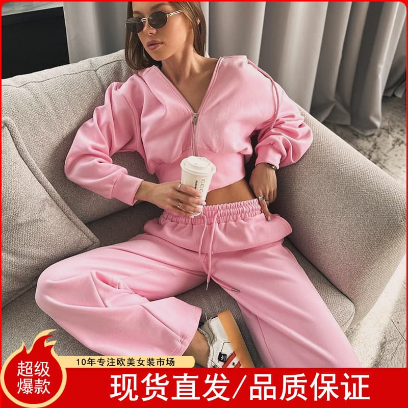 [Venda quente] Conjunto feminino Casual cor sólida manga comprida zíper moletom com capuz calças esportivas com cadarço