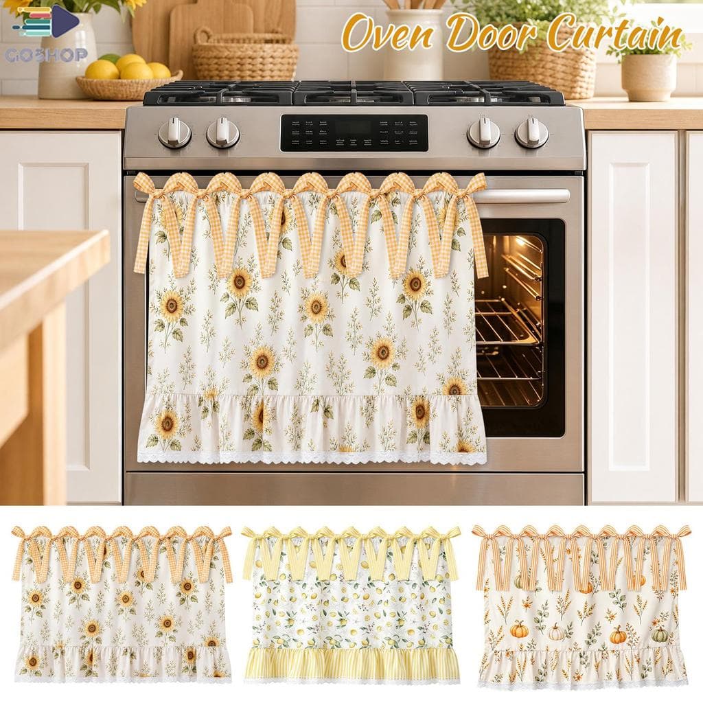 Saia De Forno Poliéster Mistura De Algodão Cortina Decorativa De Porta Com Acabamento De Babado De Renda E 8 Pares De Gr