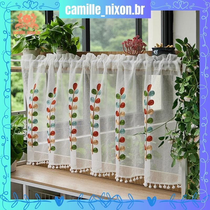 [camille_nixon.br] Cortinas Semitransparentes Bordadas Para Cozinha Em Camadas Meia Janela Cortina Transparente Haste Bo