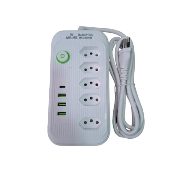 Extensão 5 Tomadas 3 USB E 1 Tipo C Bivolt Cabo 2 Metros