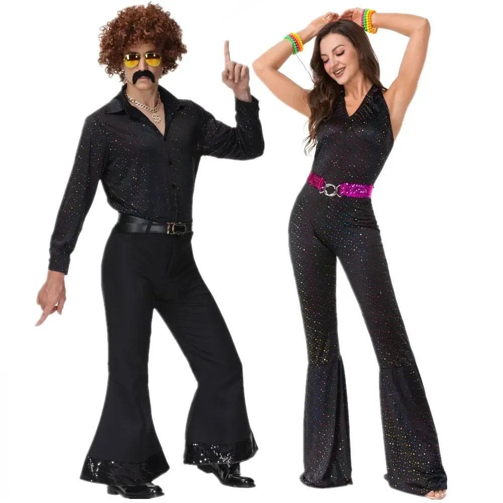 Fantasia Vintage de Casal Disco Anos 80 para Adultos, Traje de Hippie Masculino e Feminino para Festival de Música, Fest