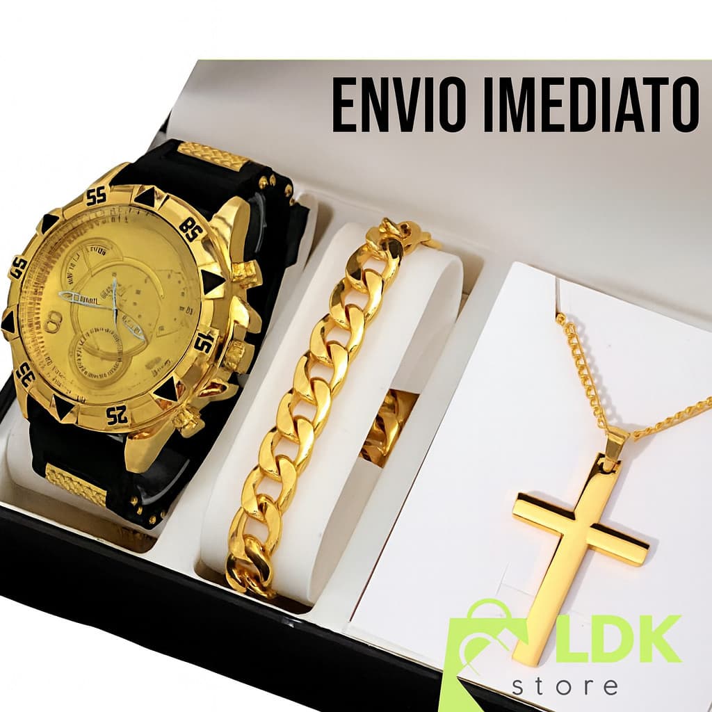 Kit Relogio Masculino Banhado Original + Colar com Cruz + Pulseira Premium