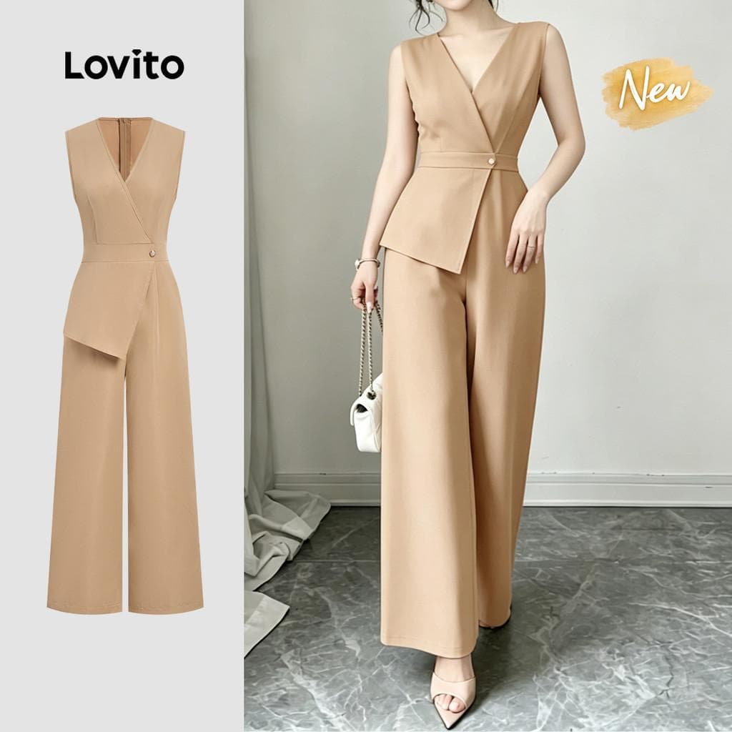 (New Arrival) Lovito Elegante Macacão Assimétrico Botão Simples Primavera/verão Khaki Macacão Feminino L199ED298