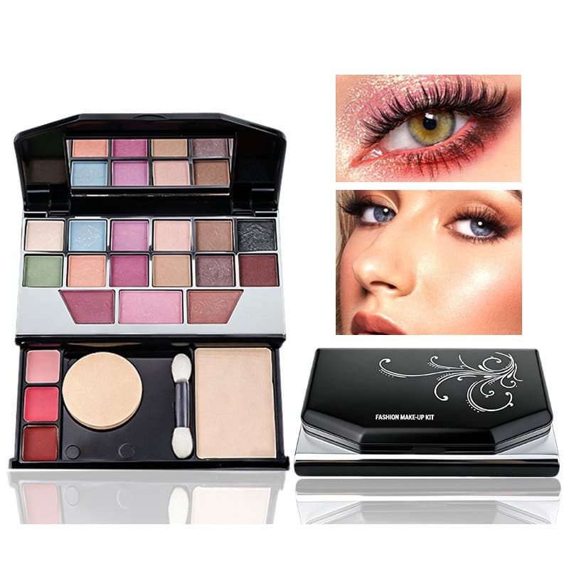 Paleta de sombras multifuncional de 15 cores com acabamentos brilhantes e foscos para contorno.