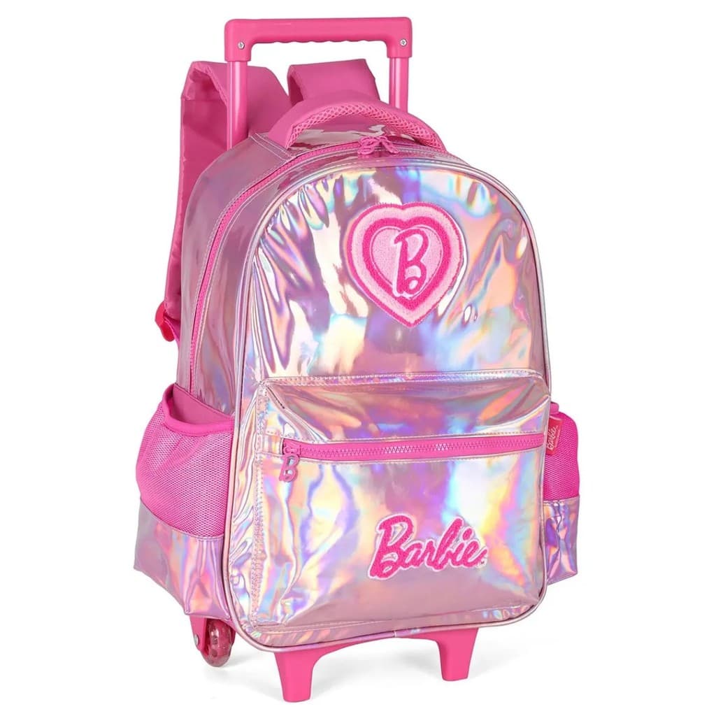 Mochila Rodinhas Escolar Infantil Holográfica Barbie Rosa Luxcel
