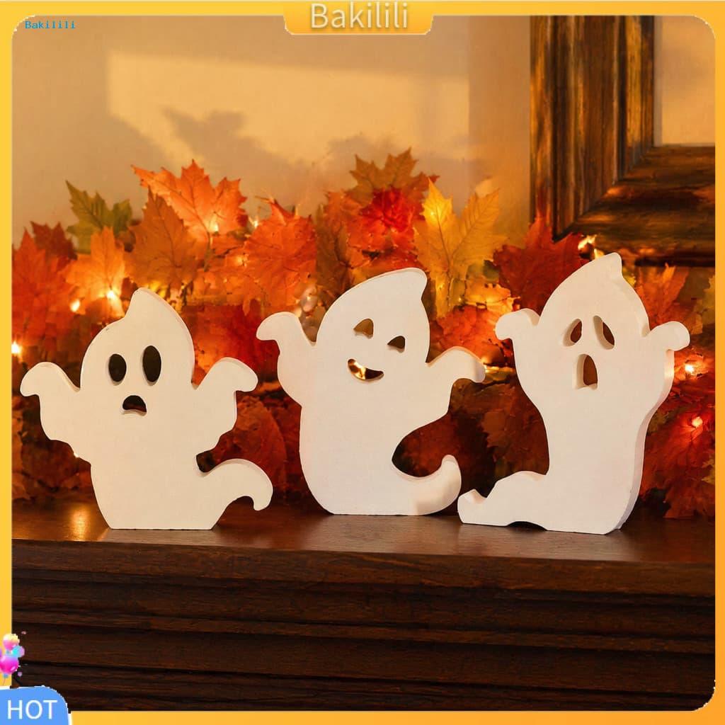 { Bakilili } Ornamento Fantasma De Madeira Rústica Decoração De Mesa Halloween Bonito Sinal Bloco Branco Assustador Para