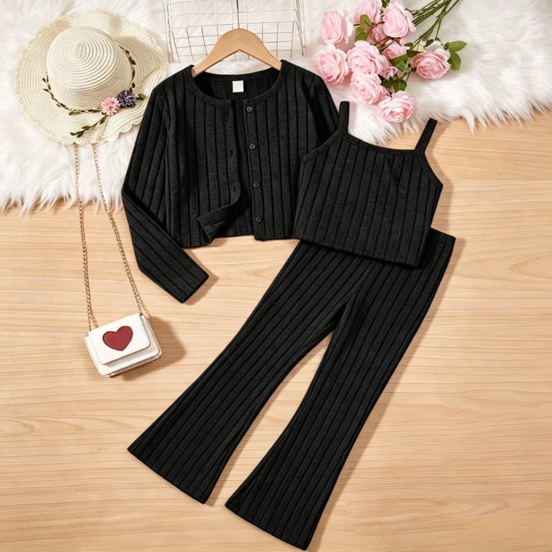 Crianças Meninas 3 Pçs Primavera Outono Cores Puras Roupa Manga Longa Cardigan + Câmera Topo + Calças Largas 6-12Y Casua