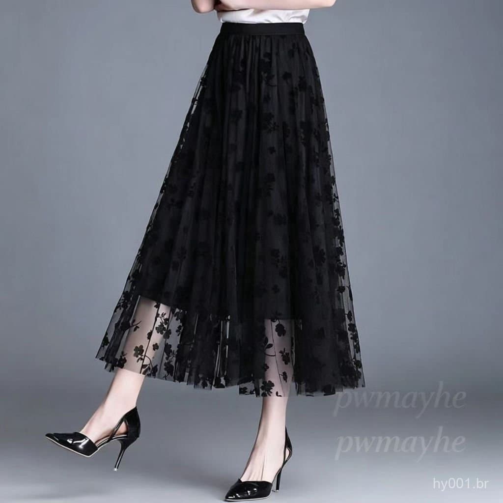 Saia Midi Transparente de Tule com Estampa Floral para Mulheres, Cintura Alta para Festas de Primavera e Verão QDYS