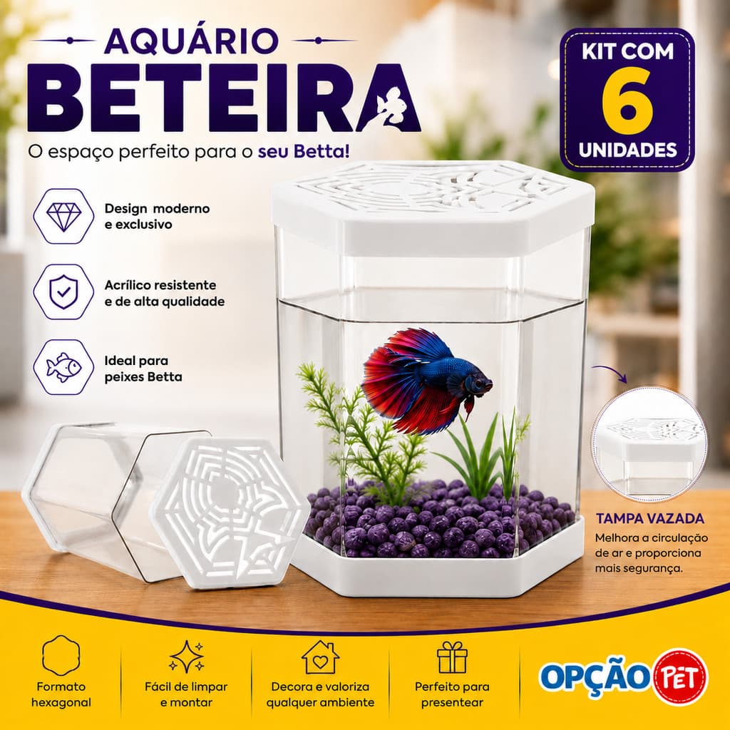 Aquário Beteira Para Peixe Betta Branco kit com 6 unidades
