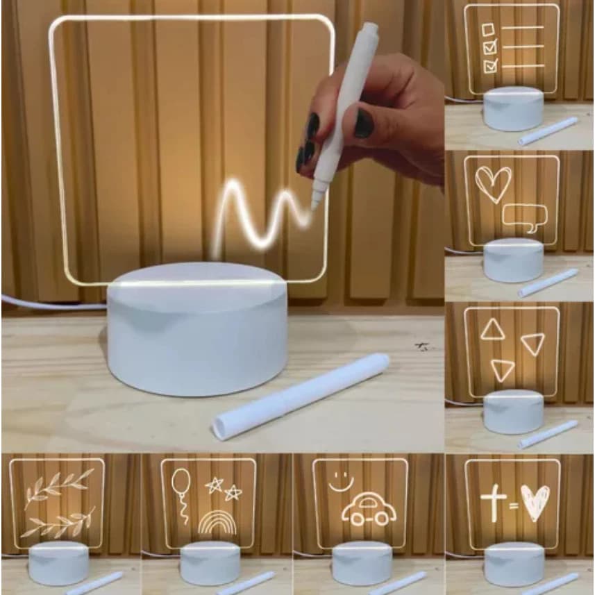 Luminária de Mesa 3D com Tela para Escrever Abajur Luminárias Lousa Mensagens - Base Preta/Branco