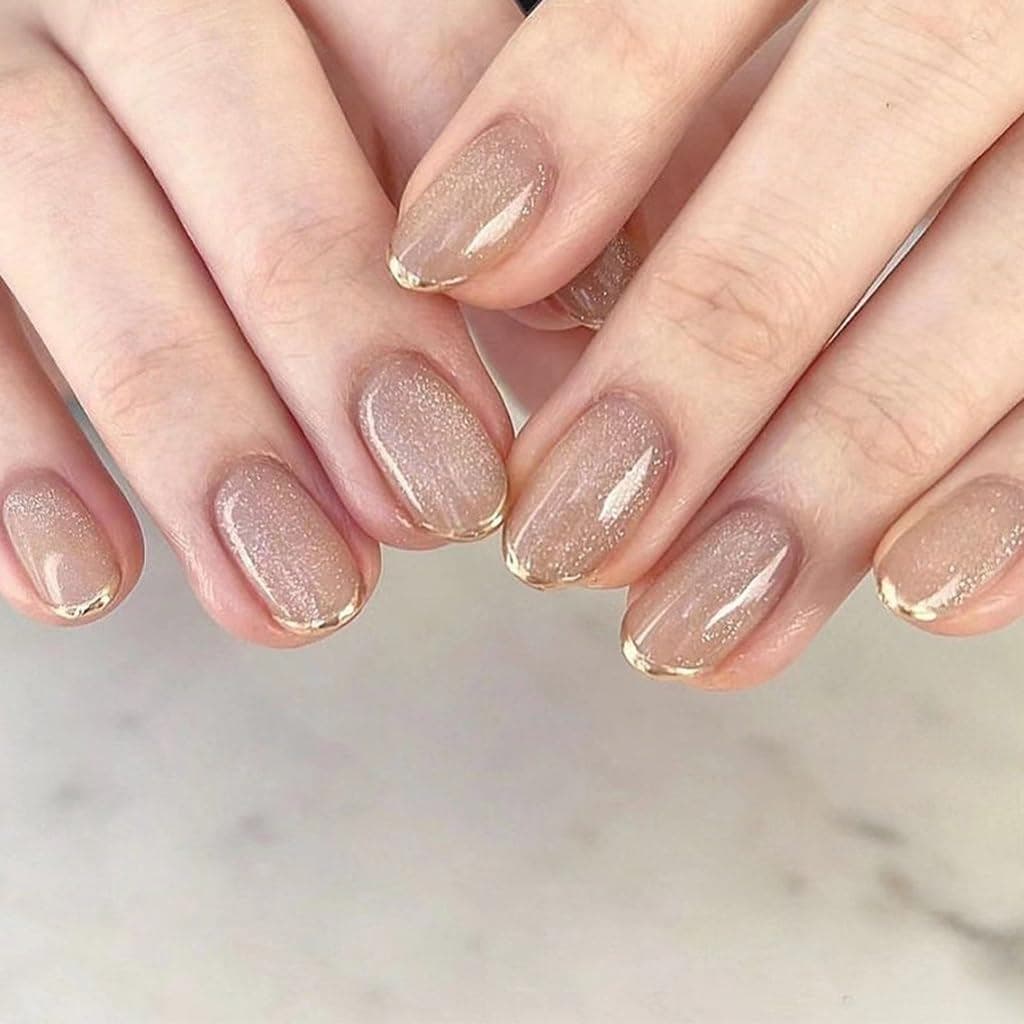 Unhas Postiças Francesas Douradas, Curtas, Formato Amêndoa, com Glitter, Brilhantes, Conjunto Completo de Unhas Postiças