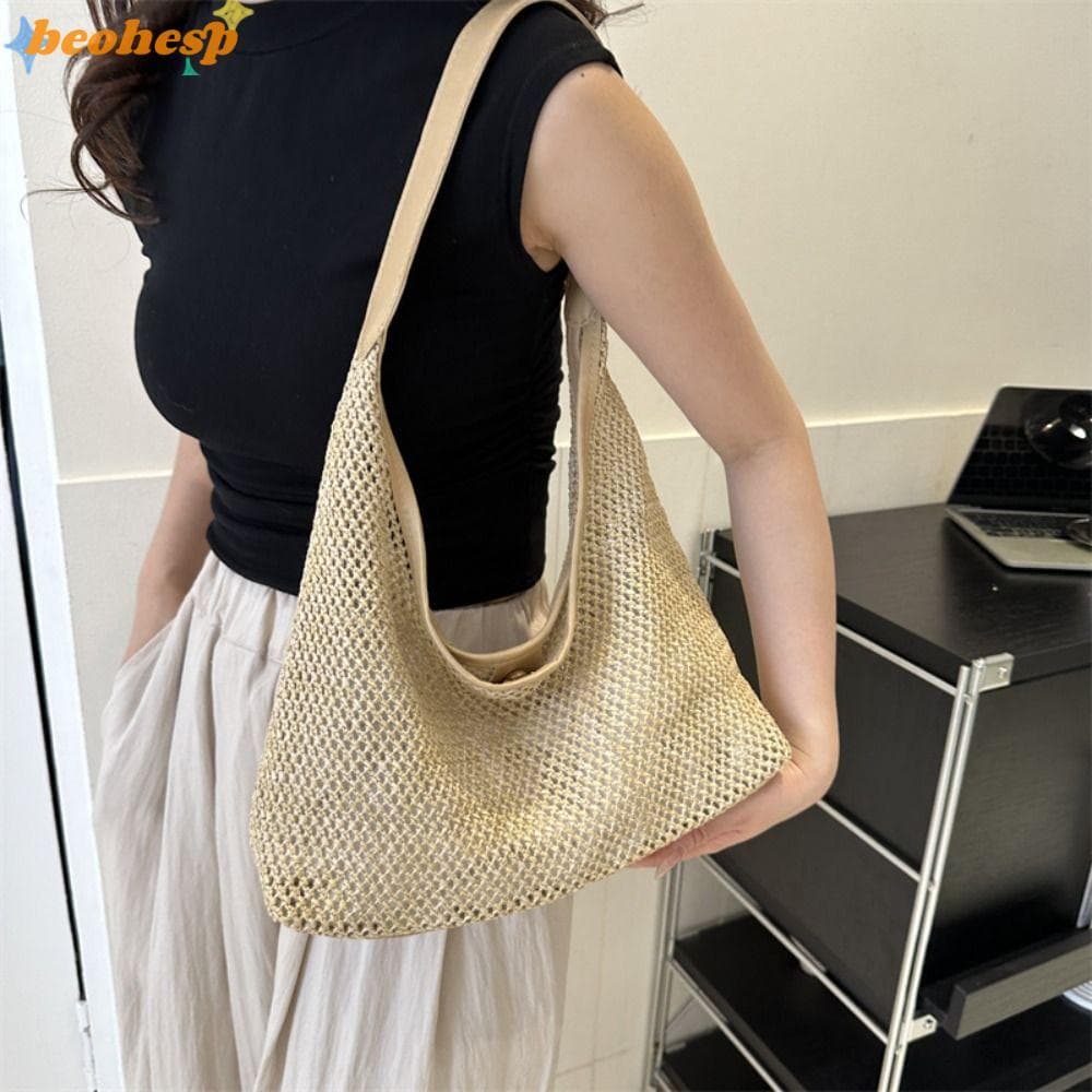 BEOHESP Bolsa De Ombro , Balde De Palha Tecido , Bolsas De Grande Capacidade , Cor Sólida Nas Axilas , Feminina