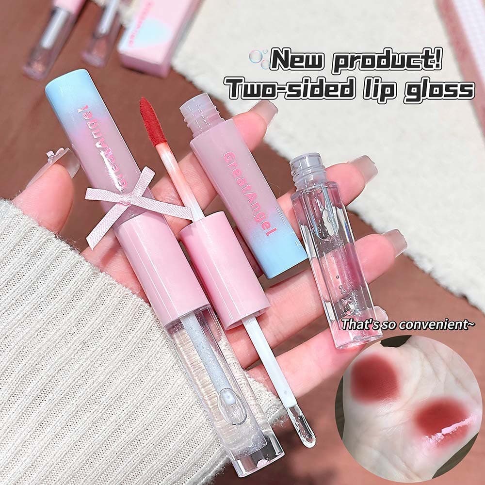 GreatAngel Pink Mist Gloss Labial de Dupla Ponta com Espelho, Óleo Labial Matte Aveludado