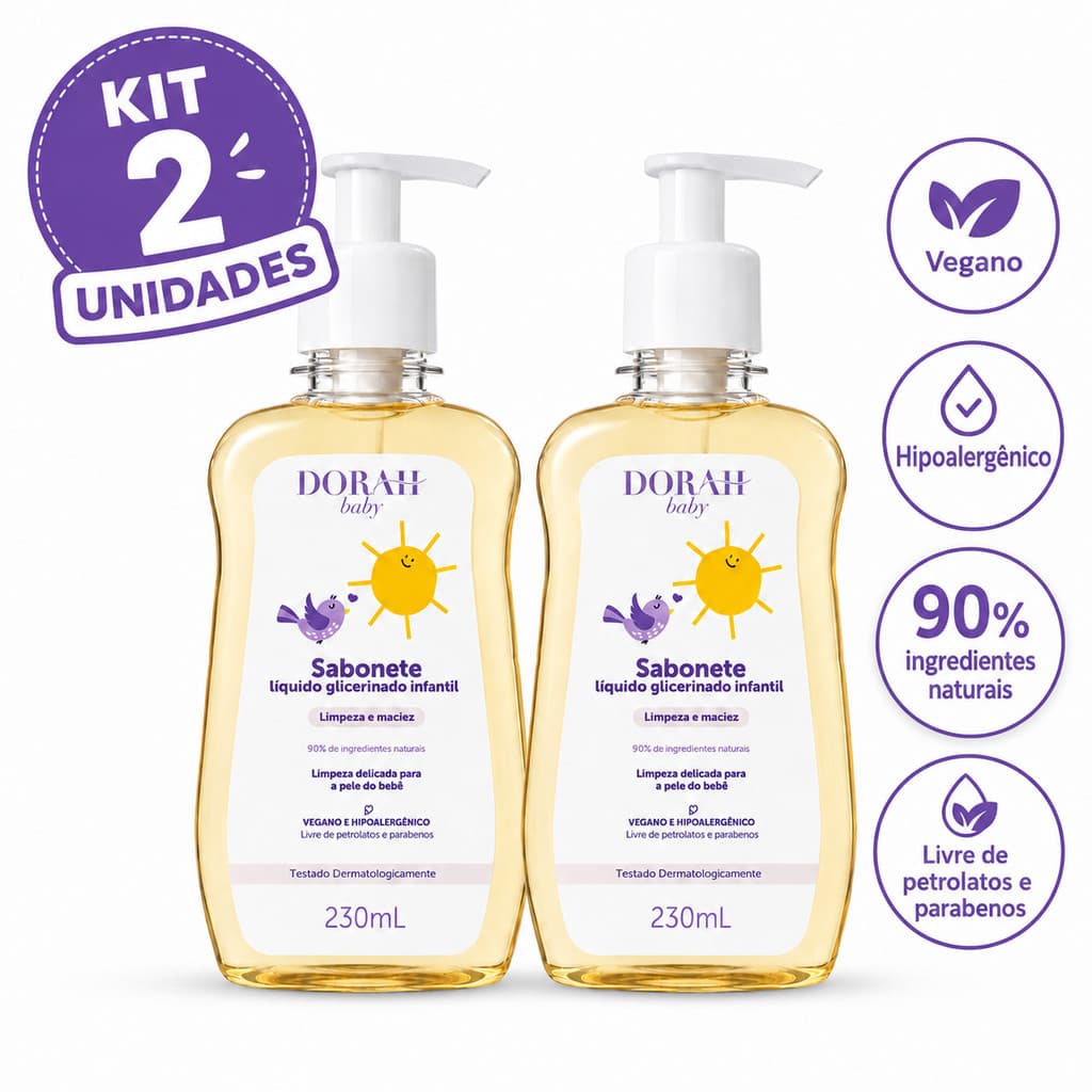 2x Dorah Baby Sabonete Líquido para Bebê 230ml Glicerinado Vegano Hipoalergênico com Válvula Pump